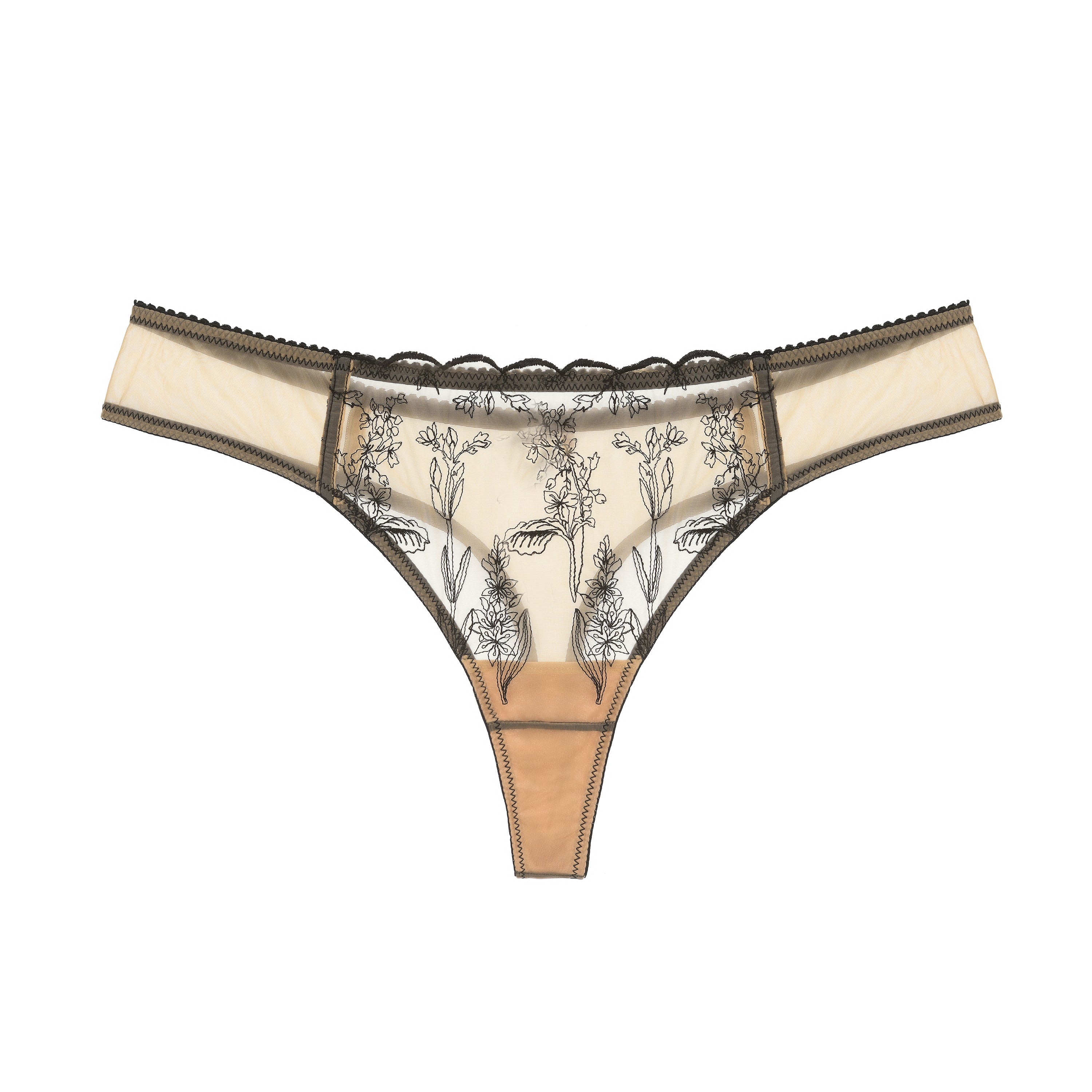 Amour d'Agnette Kim Floral Embroidered Thong on jelly fabric, front view on a white background.