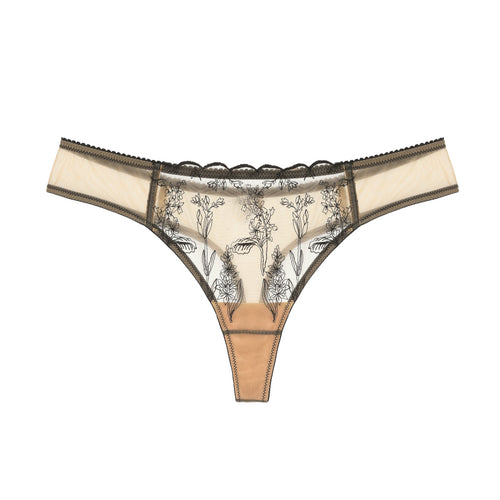 Amour d'Agnette Kim Floral Embroidered Thong on jelly fabric, front view on a white background.