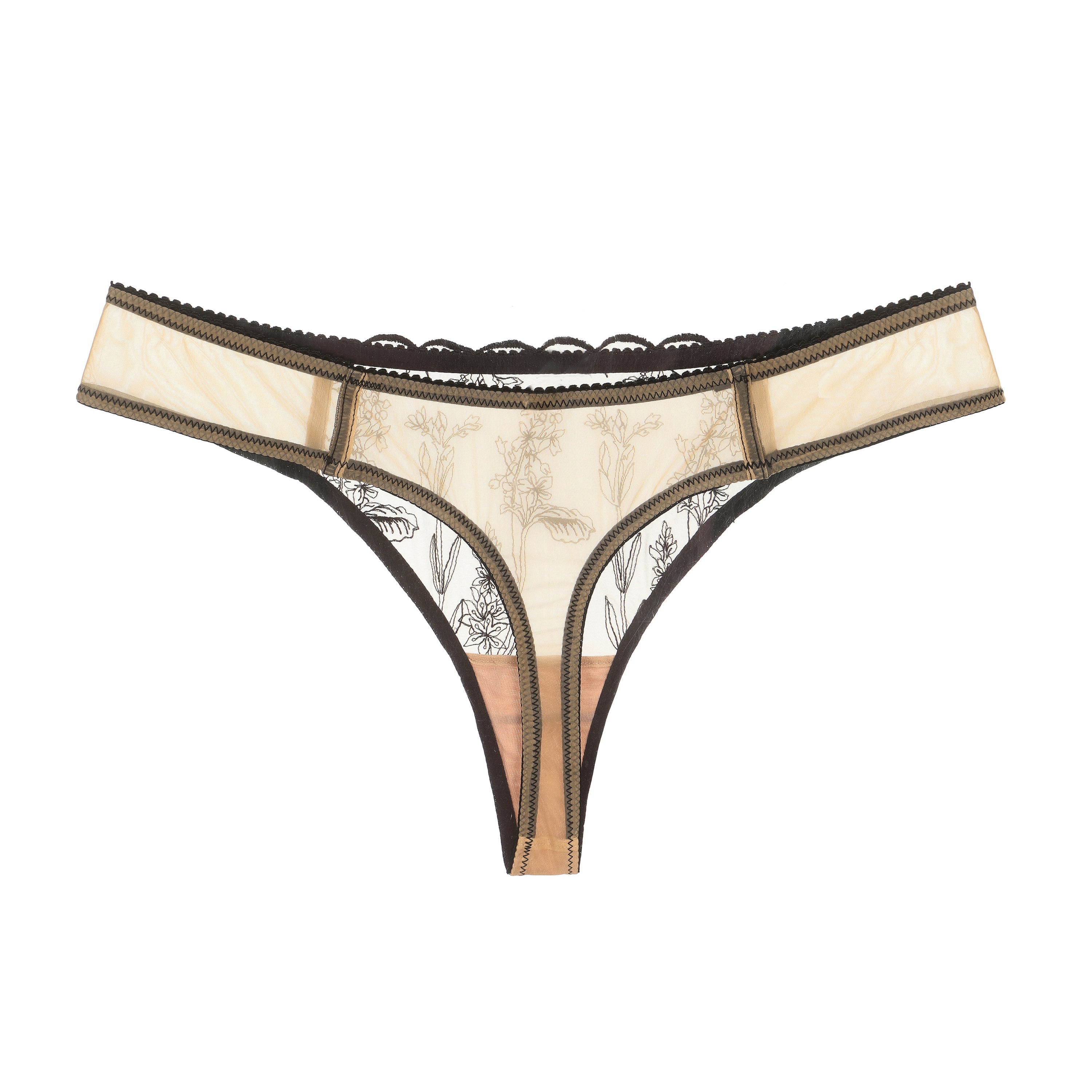 Amour d'Agnette Kim Floral Embroidered Thong on jelly fabric, detail view on a white background.