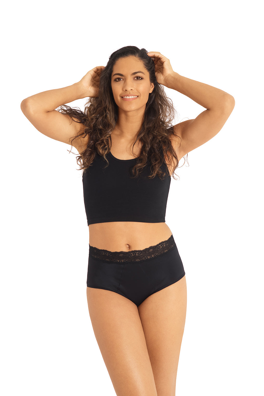 Dear Kate Ada Brief Mini worn on model in Black, front view on a white background.