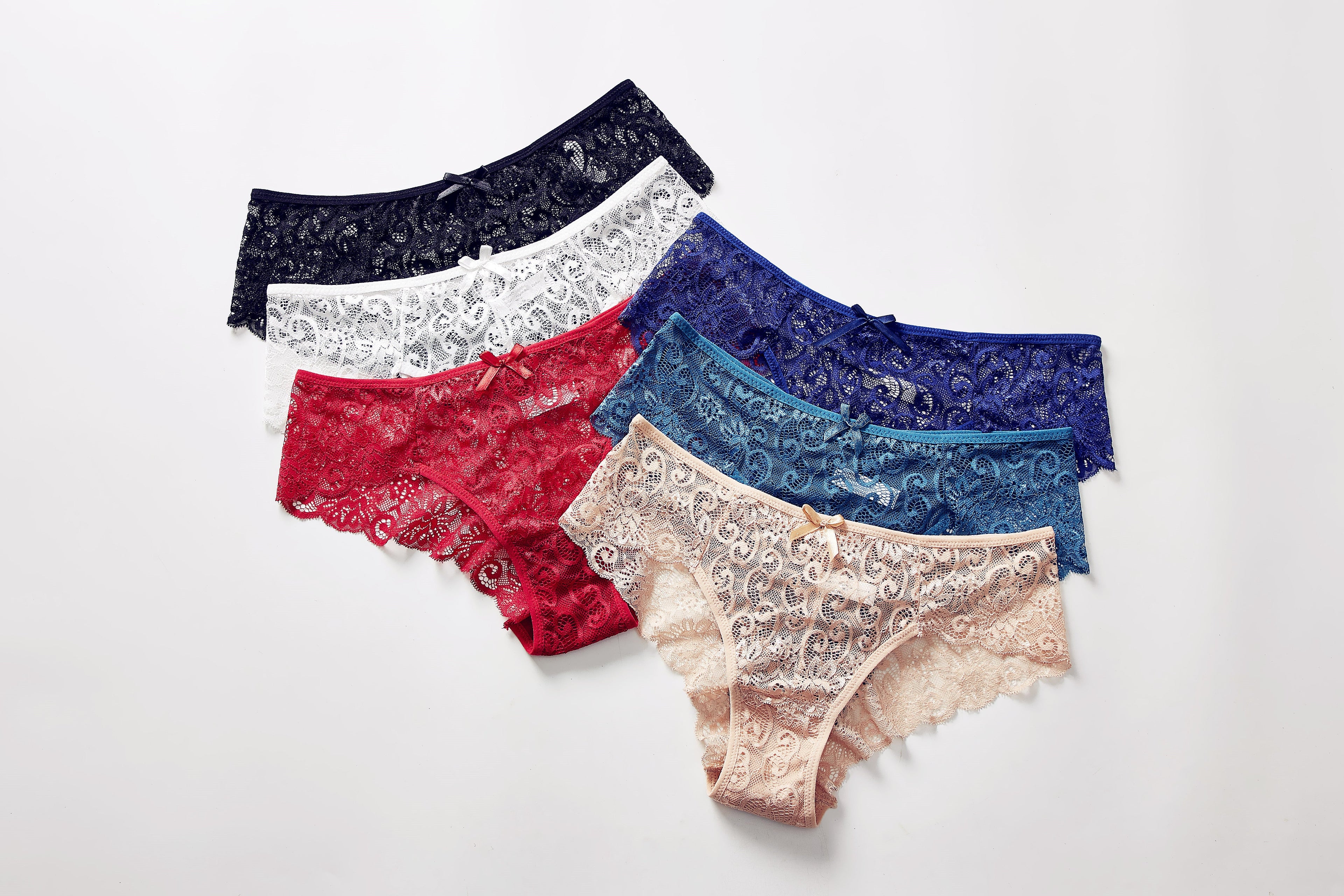 Forest Summer Lace Bikini Panty 6-Pack, flat lay front view on a white background.