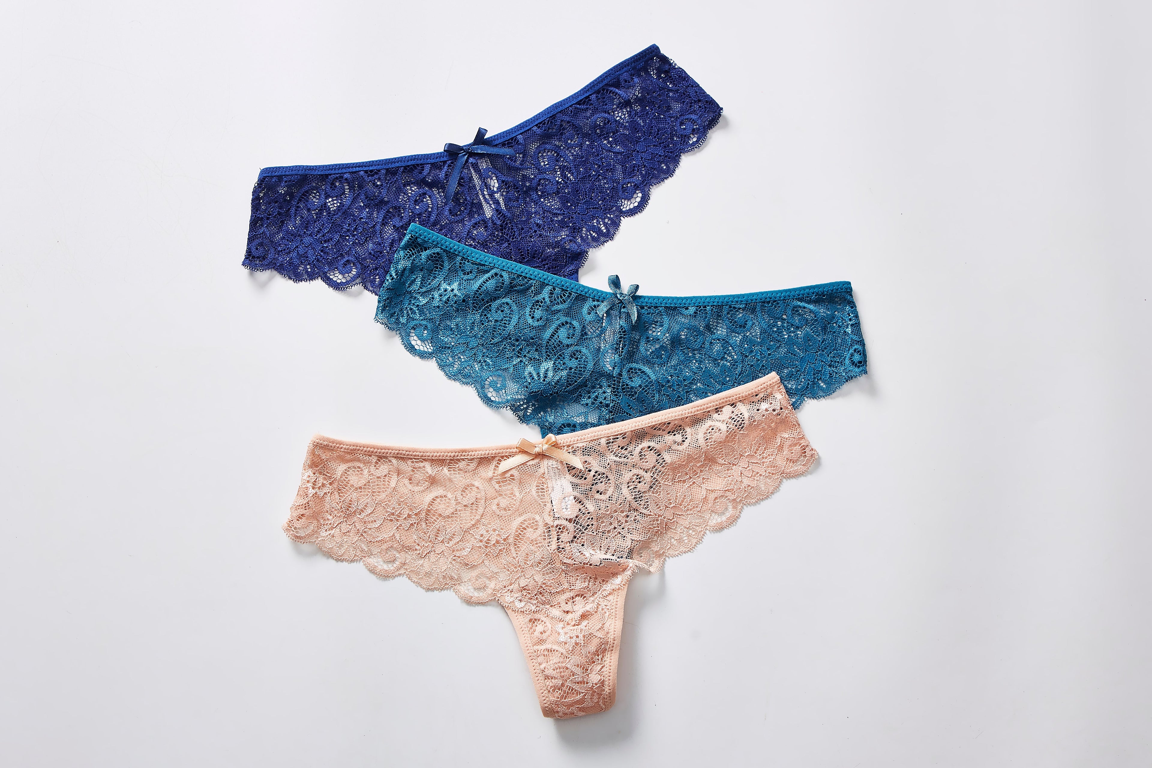 Forest Summer Lace Thong Panty 3-Pack, flat lay front view on a white background.