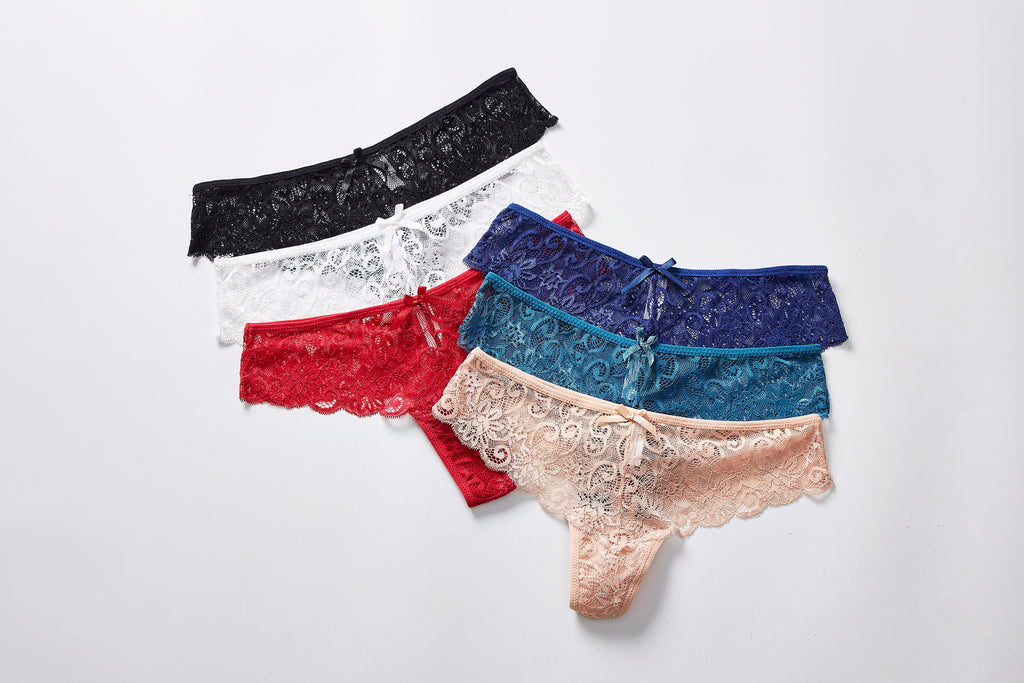 Forest Summer Lace Thong Panty 6-Pack, flat lay front view on a white background.