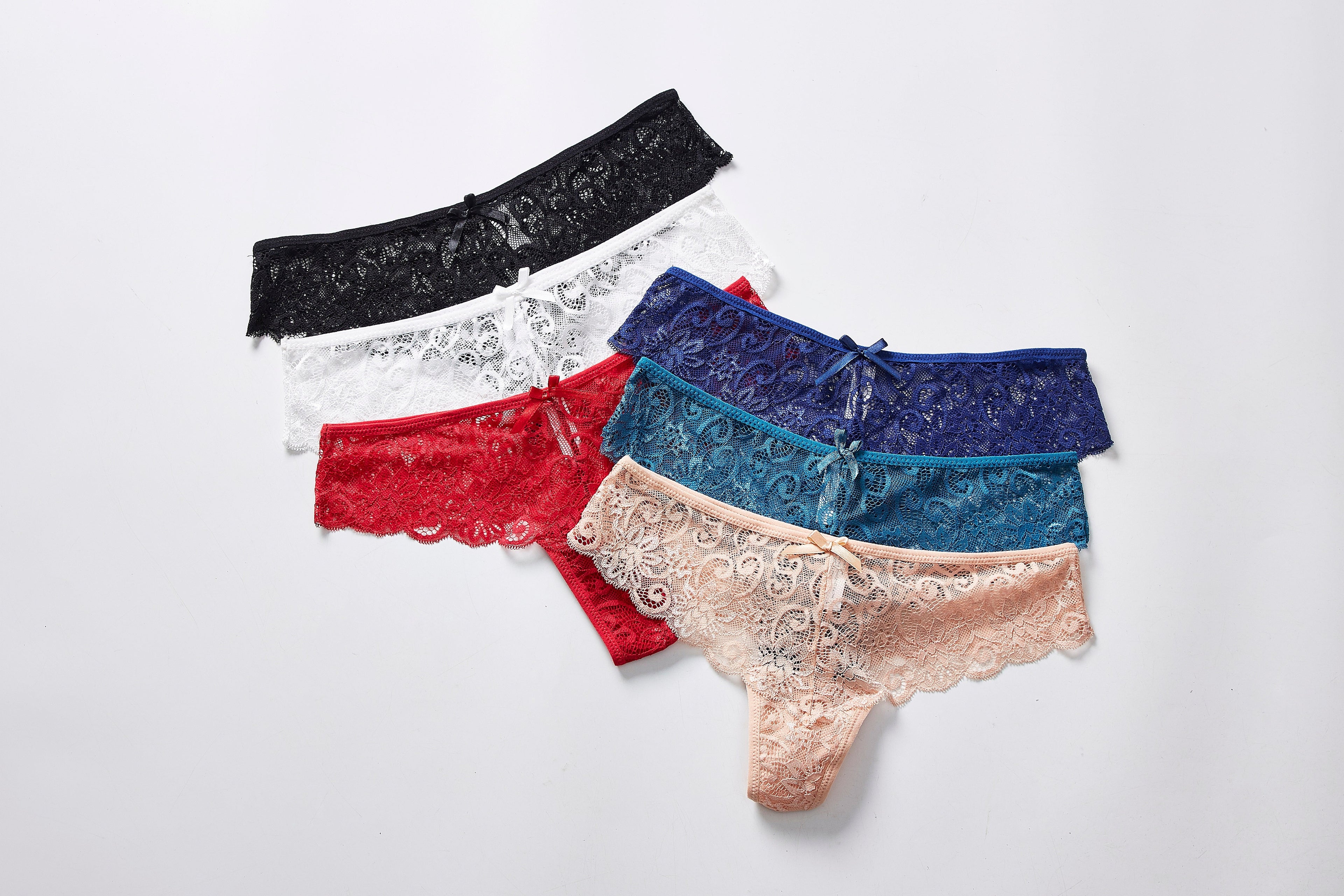 Forest Summer Lace Thong Panty 6-Pack, flat lay front view on a white background.