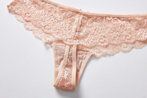 Forest Summer Delicate Lace Thong Panty, flat lay view on a white background.
