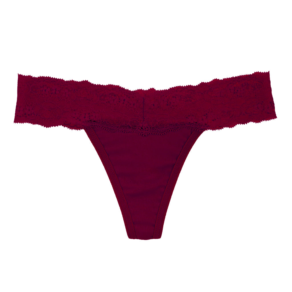 Dear Kate Ada Thong in Ruby Red, front view on a white background.