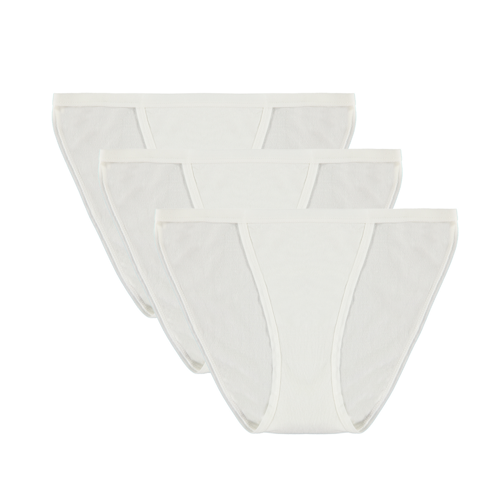 Spun Bamboo PantyBoo Women's Bikini Underwear 3-Pack in Natural, flat lay on a white background.