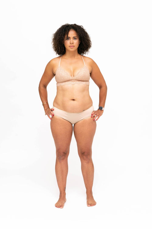 Dear Kate Nellie Hipster Full bikini-style leak-resistant period underwear worn on model, front view.