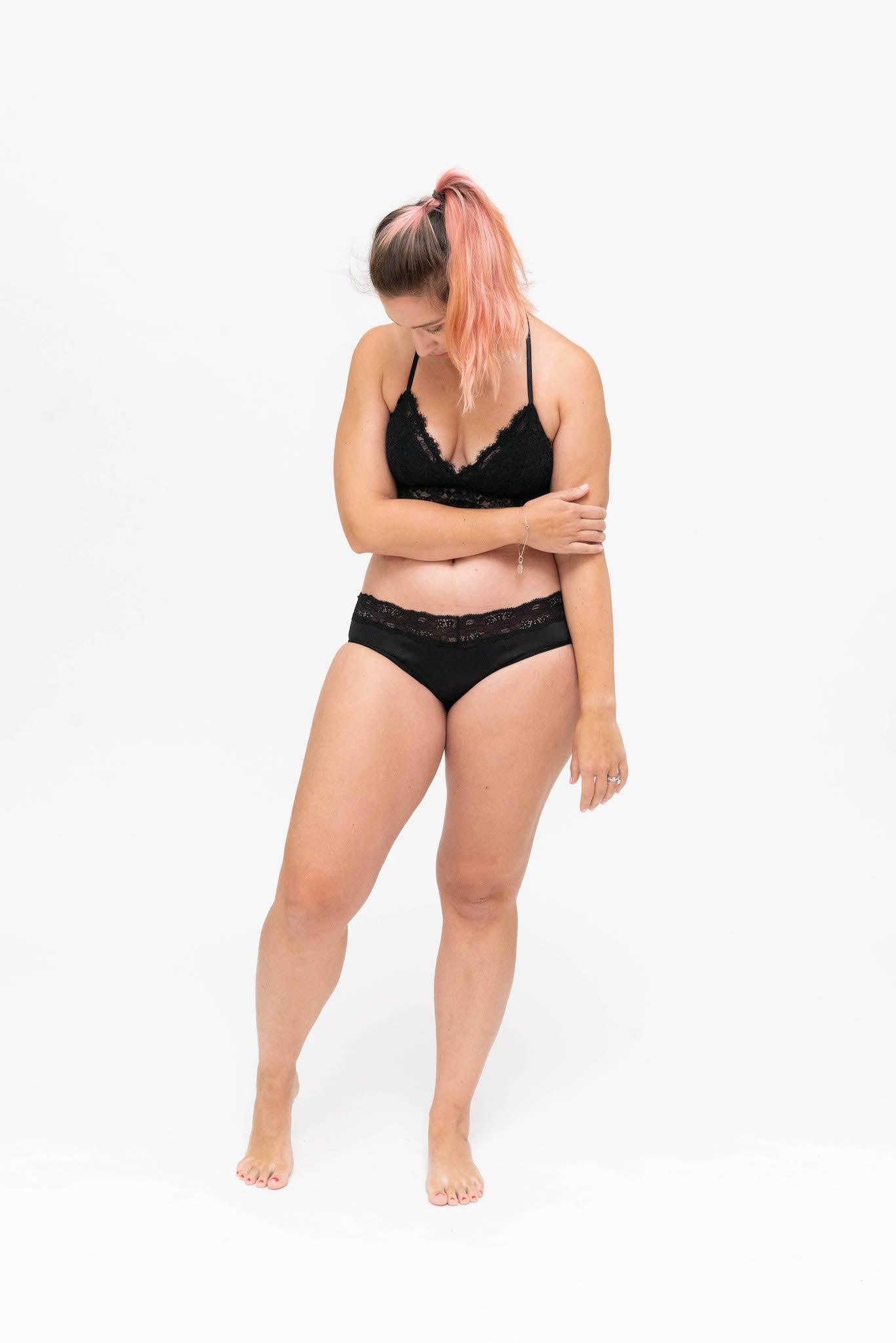 Dear Kate Ada Hipster Mini lace leak-resistant underwear worn on model, front view on a white background.