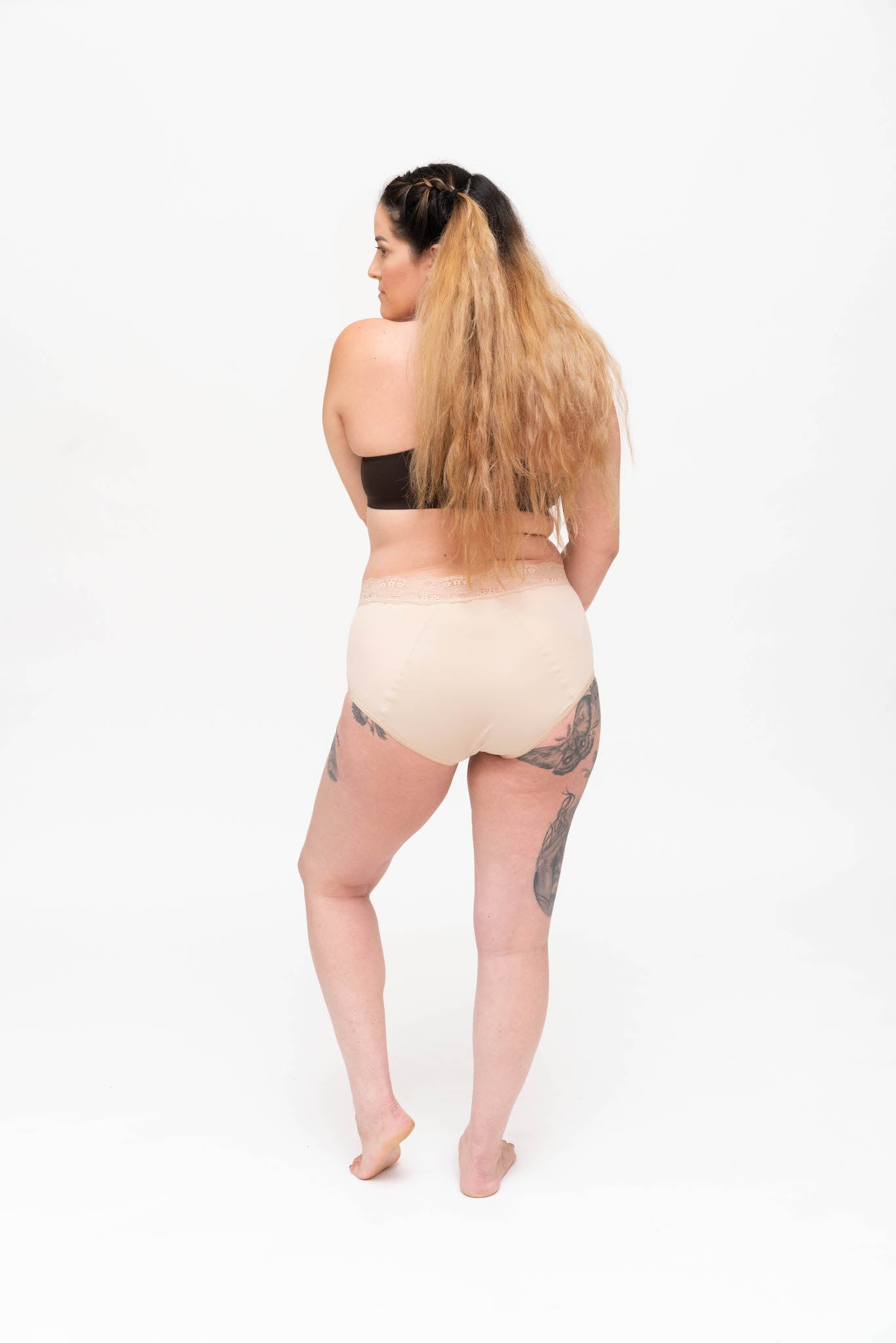 Dear Kate Ada Brief Full worn on model, side view on a white background.