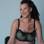 Amour d'Agnette Kim High Neck Sheer Lace Bra, worn on model, alternate lifestyle view.