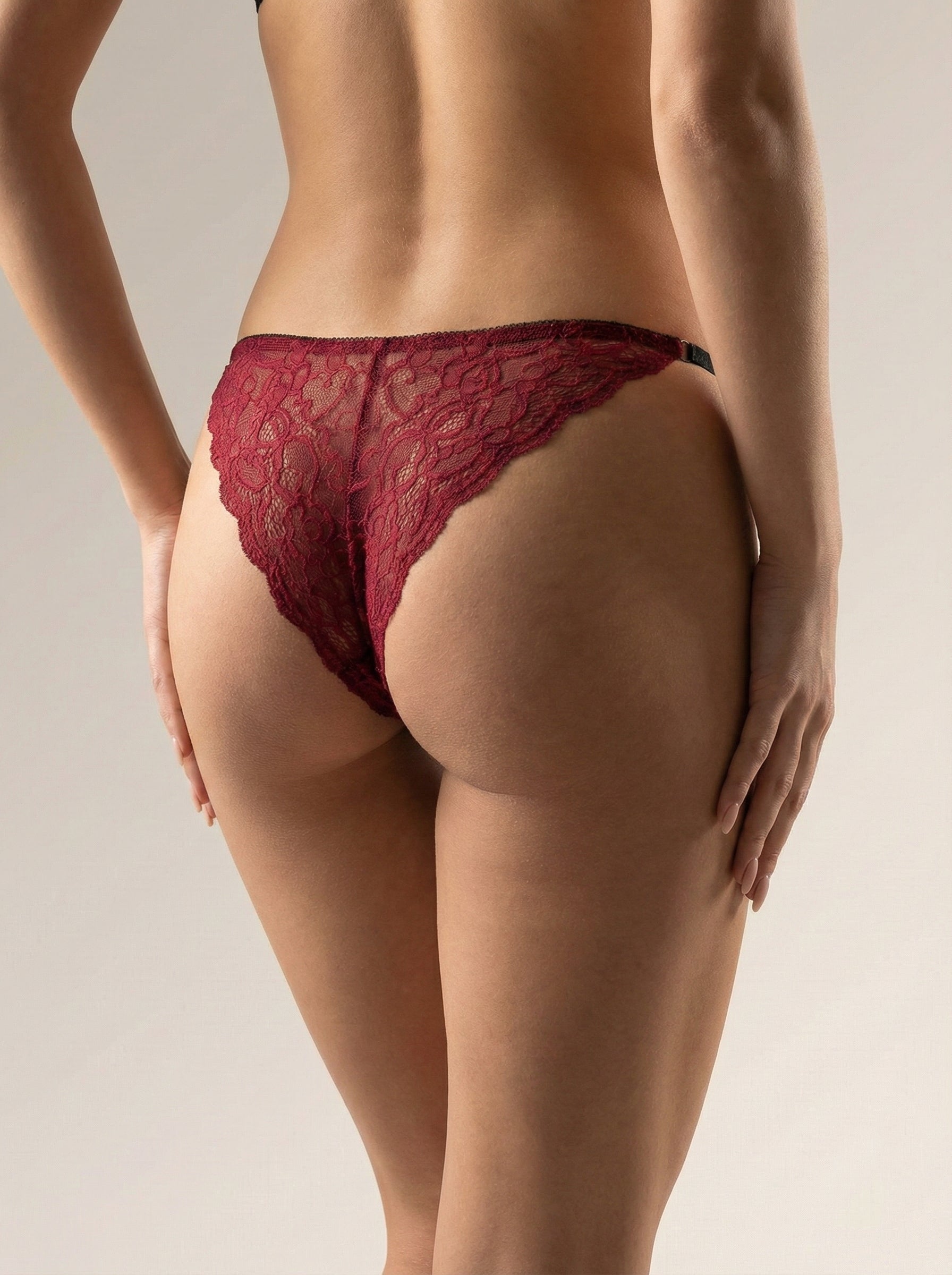 Forest Summer Rose Lace Adjustable Brazilian Panty, alternate side view on a white background.