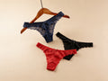 Forest Summer 3-Pack Lace High-Leg Thong Panty, flat lay front view on a white background.