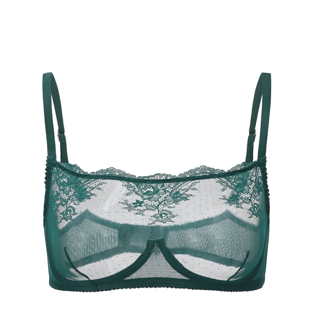 Amour d'Agnette Kim High Neck Sheer Lace Bra, worn on model, alternate front view on a white background.