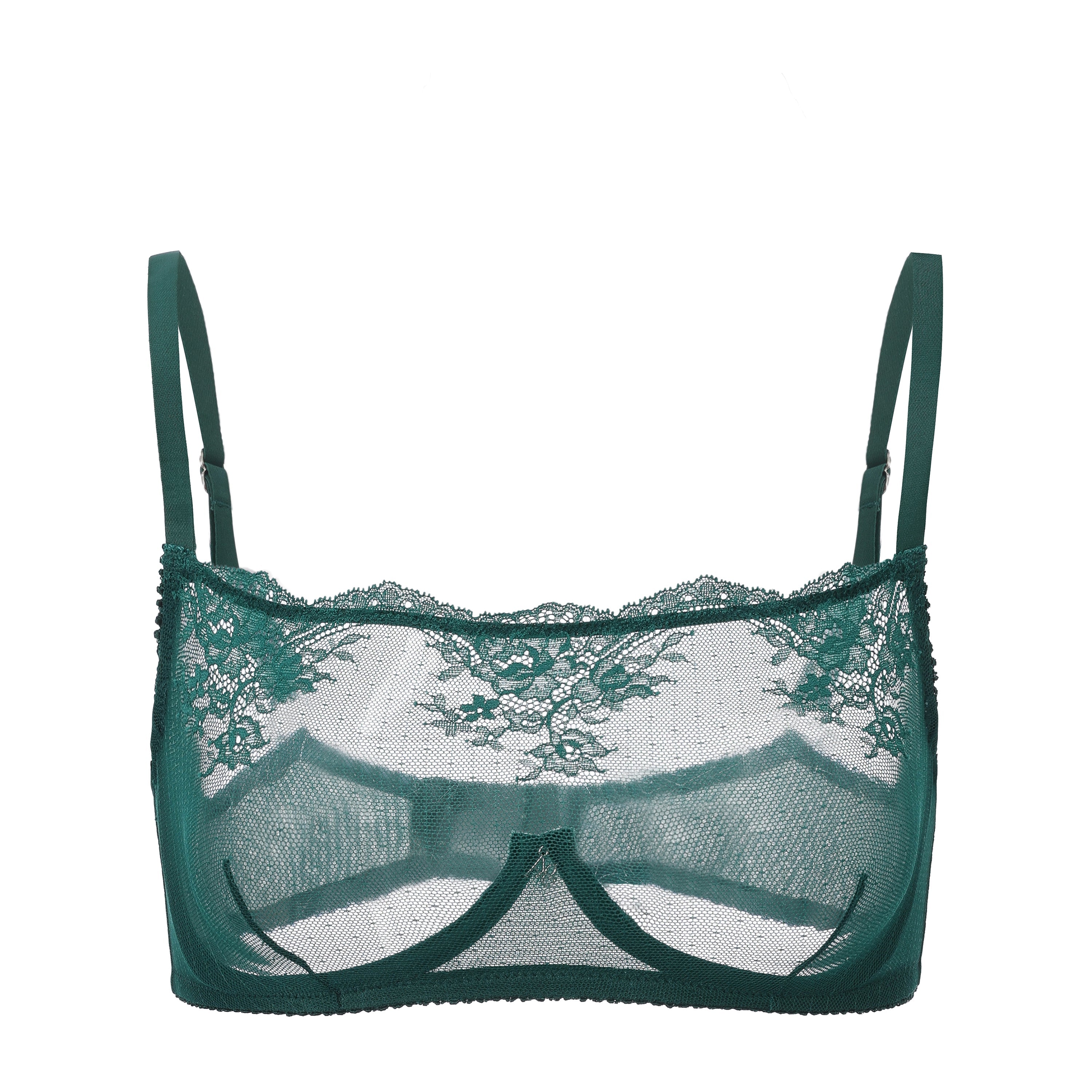 Amour d'Agnette Kim High Neck Sheer Lace Bra, worn on model, alternate front view on a white background.
