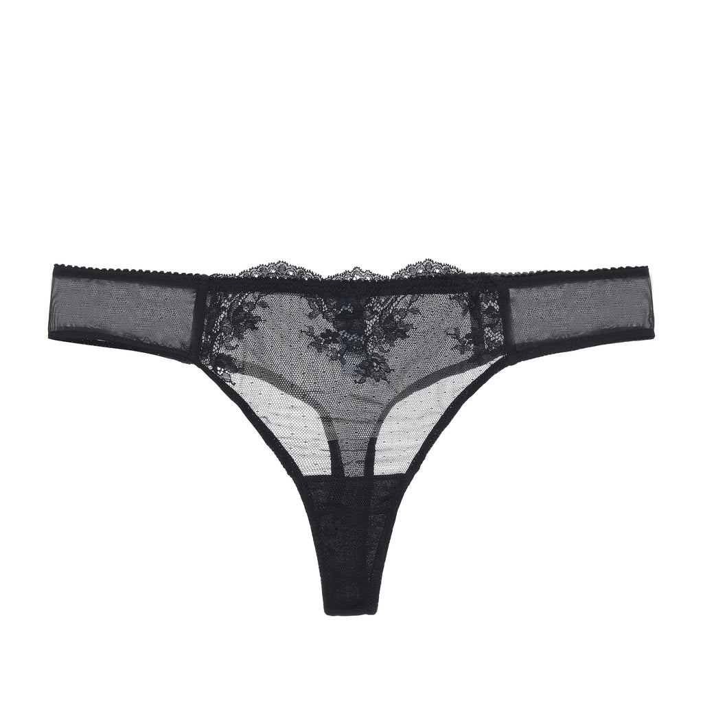 Amour d'Agnette Kim Floral Embroidered Thong on jelly fabric, front view on a white background.