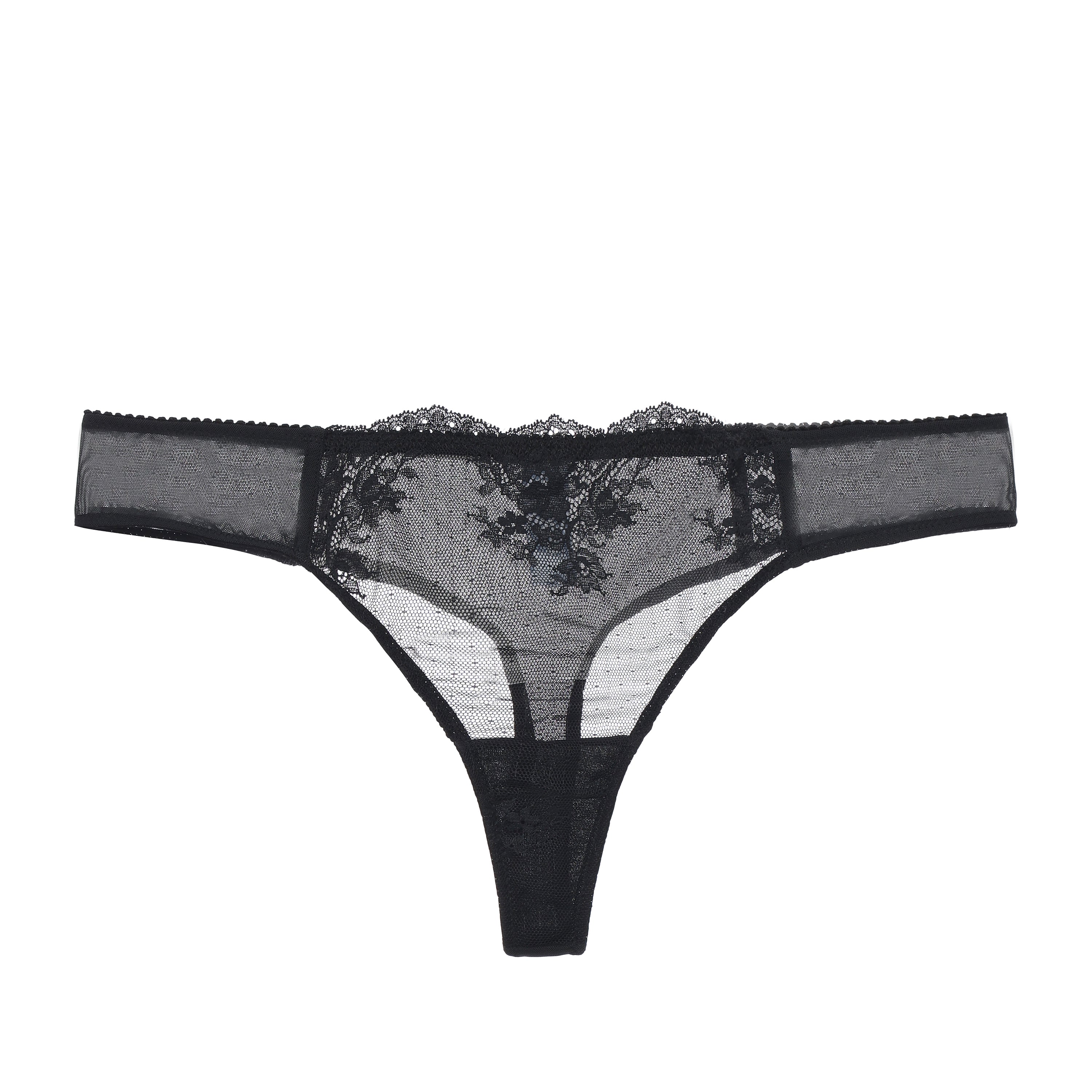 Amour d'Agnette Kim Floral Embroidered Thong on jelly fabric, front view on a white background.