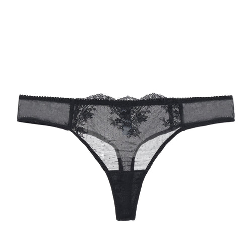 Amour d'Agnette Kim Floral Embroidered Thong on jelly fabric, front view on a white background.