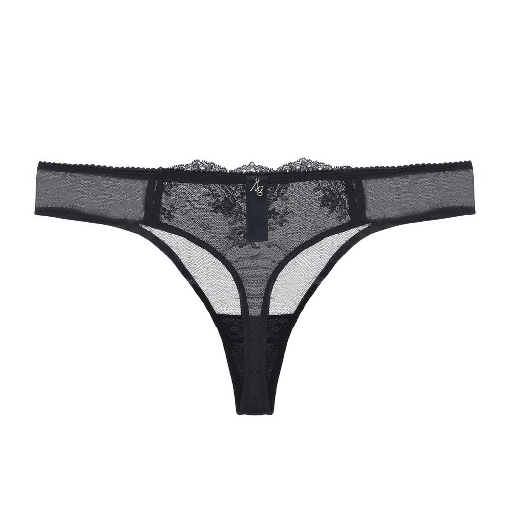 Amour d'Agnette Kim Floral Embroidered Thong on jelly fabric, back view on a white background.