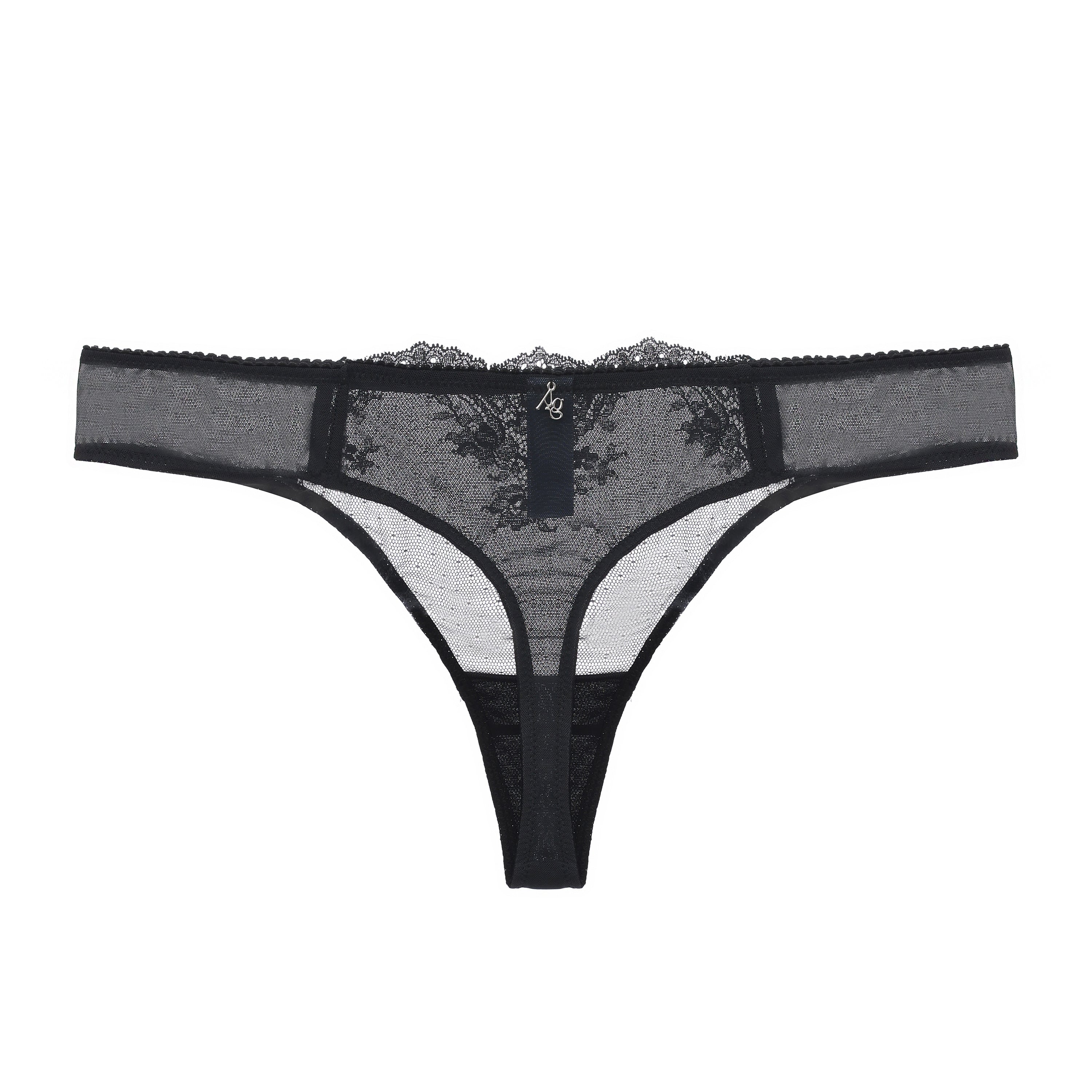 Amour d'Agnette Kim Floral Embroidered Thong on jelly fabric, back view on a white background.