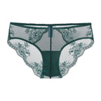 Amour d'Agnette Kim Stretch Lace and Mesh Cheeky, detail of silver chrome hardware on a white background.