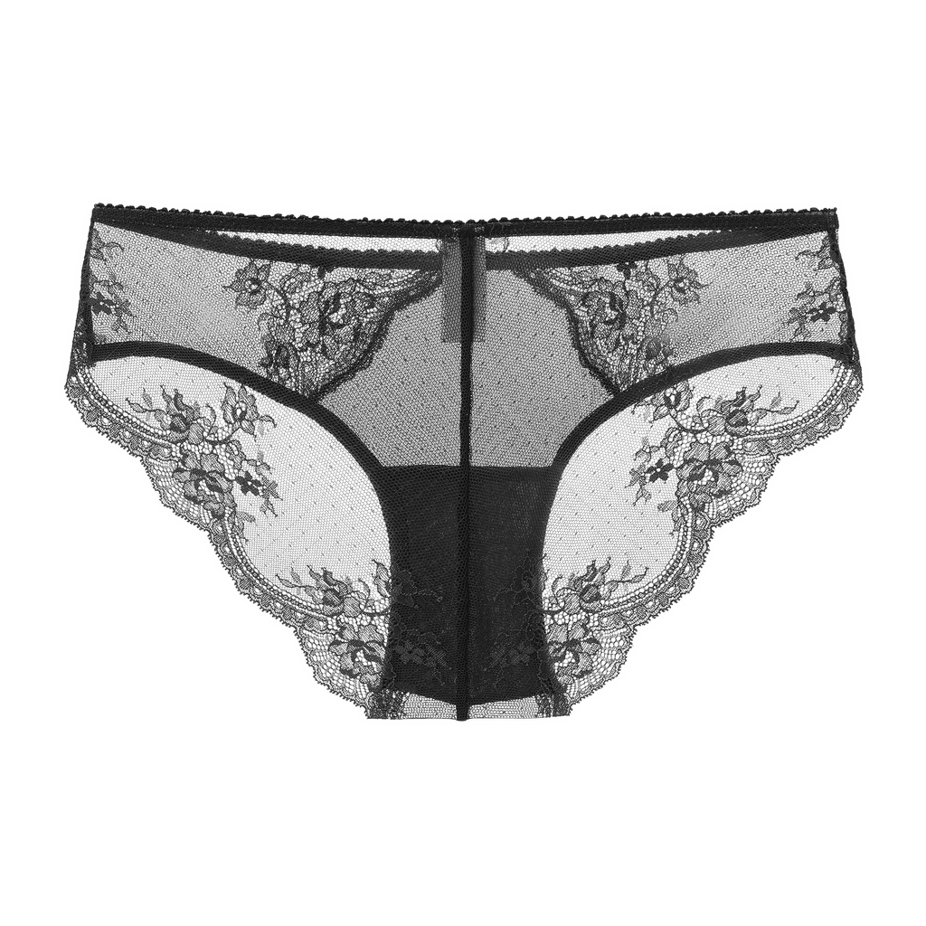 Amour d'Agnette Kim Stretch Lace and Mesh Cheeky, alternate hardware detail on a white background.