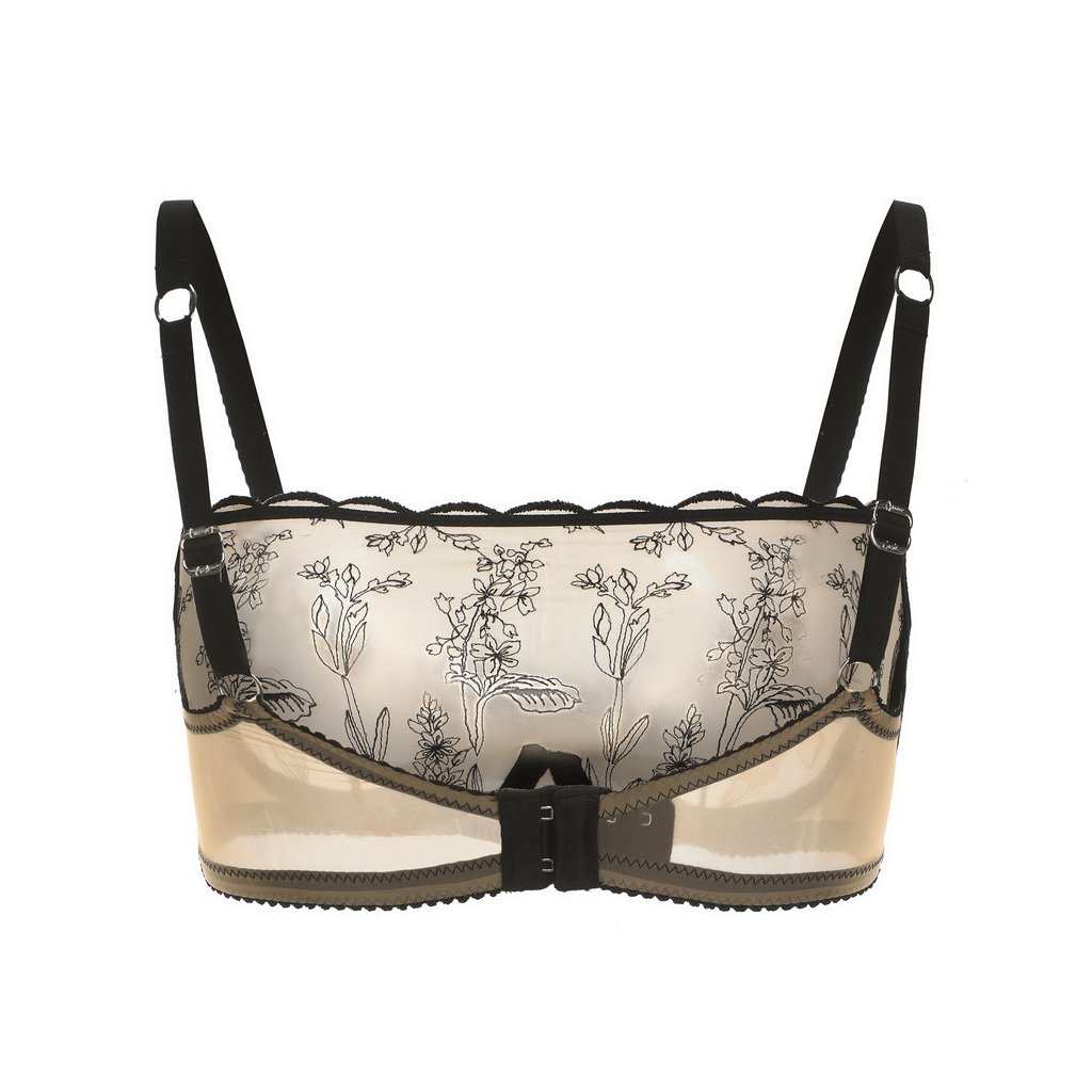 Amour d'Agnette Kim High Neck Floral Embroidered Bra on jelly fabric, back view on a white background.