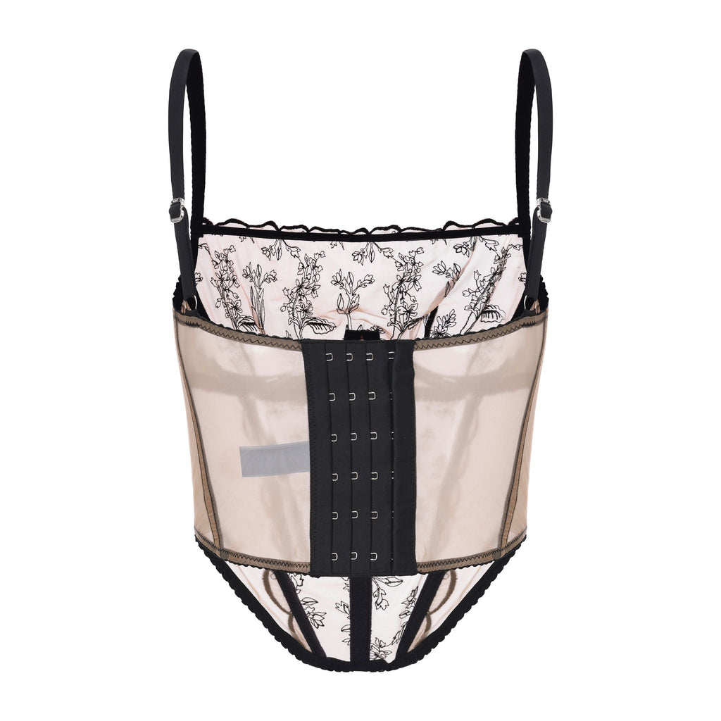 Amour d'Agnette Kim High-Neck Embroidery Bustier, alternate worn on model view on a white background.