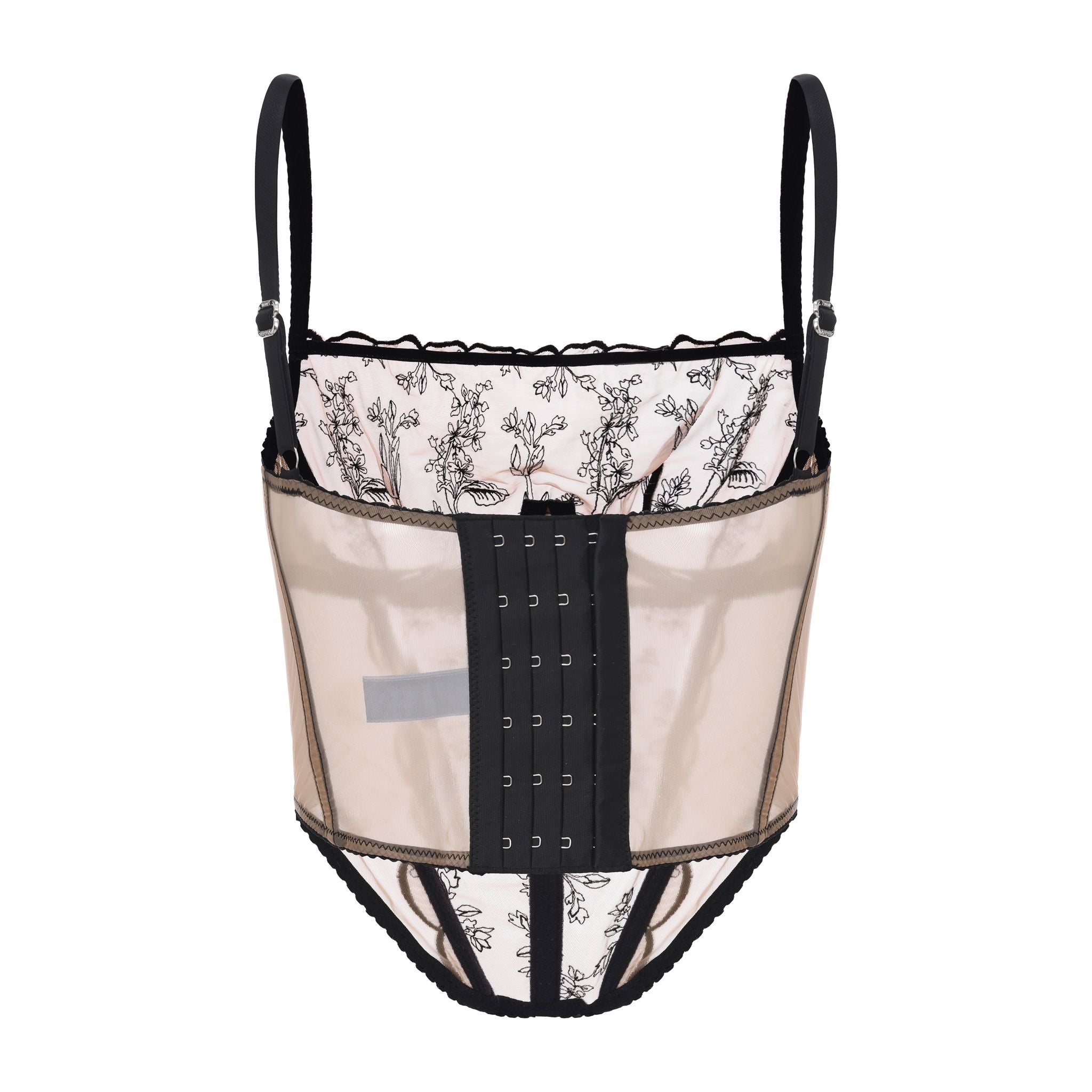 Amour d'Agnette Kim High-Neck Embroidery Bustier, alternate worn on model view on a white background.