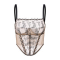 Amour d'Agnette Kim High-Neck Embroidery Bustier on jelly fabric, worn on model on a white background.