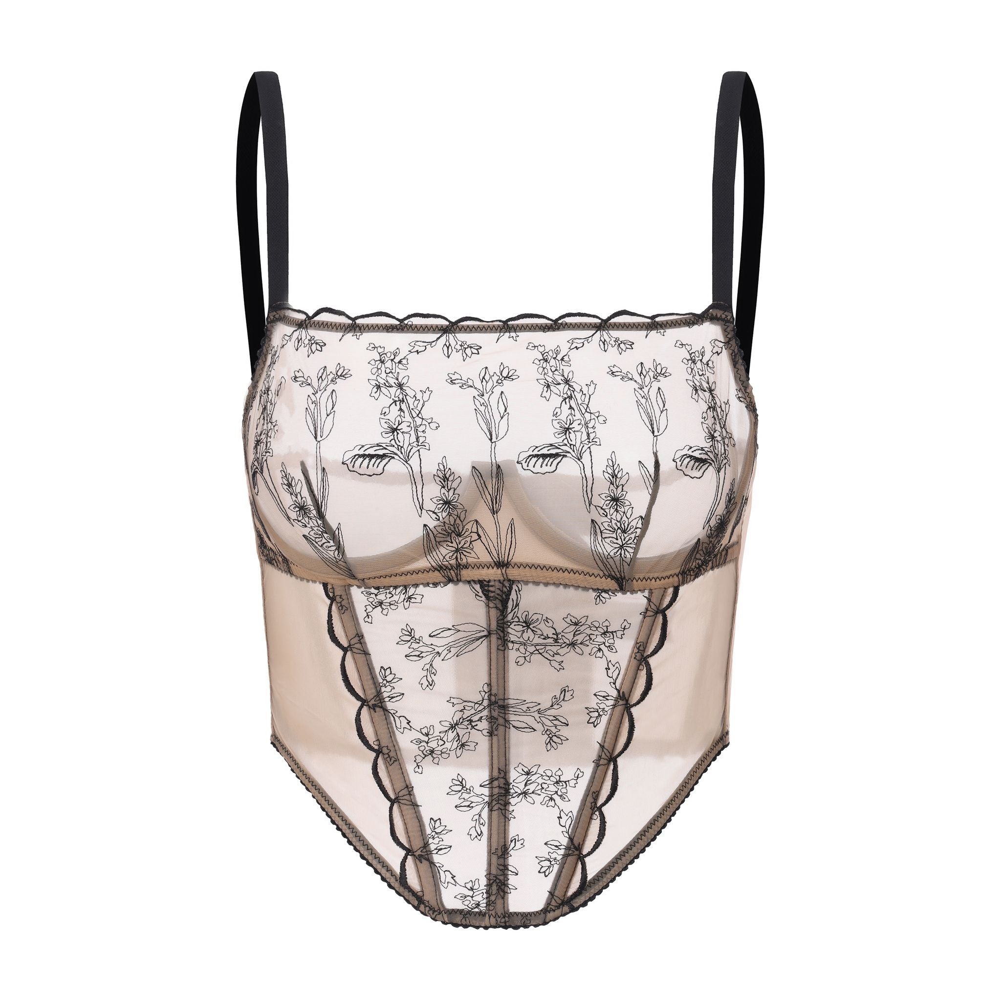 Amour d'Agnette Kim High-Neck Embroidery Bustier on jelly fabric, worn on model on a white background.