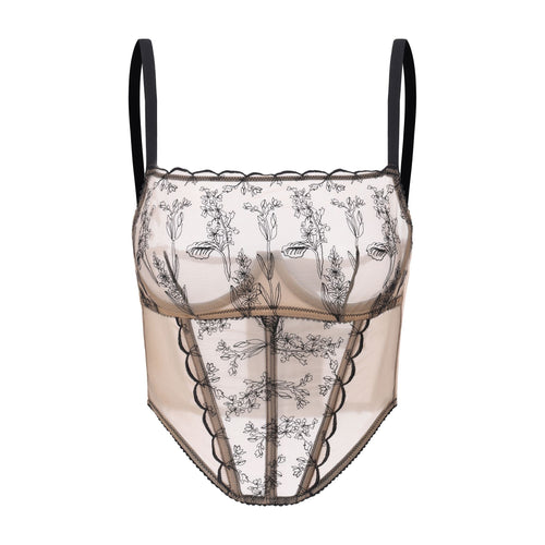 Amour d'Agnette Kim High-Neck Embroidery Bustier on jelly fabric, worn on model on a white background.