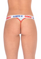 Rear detail view of Ginch Gonch thong I love Paris white multi fun printed stretch cotton panty worn by a model.
