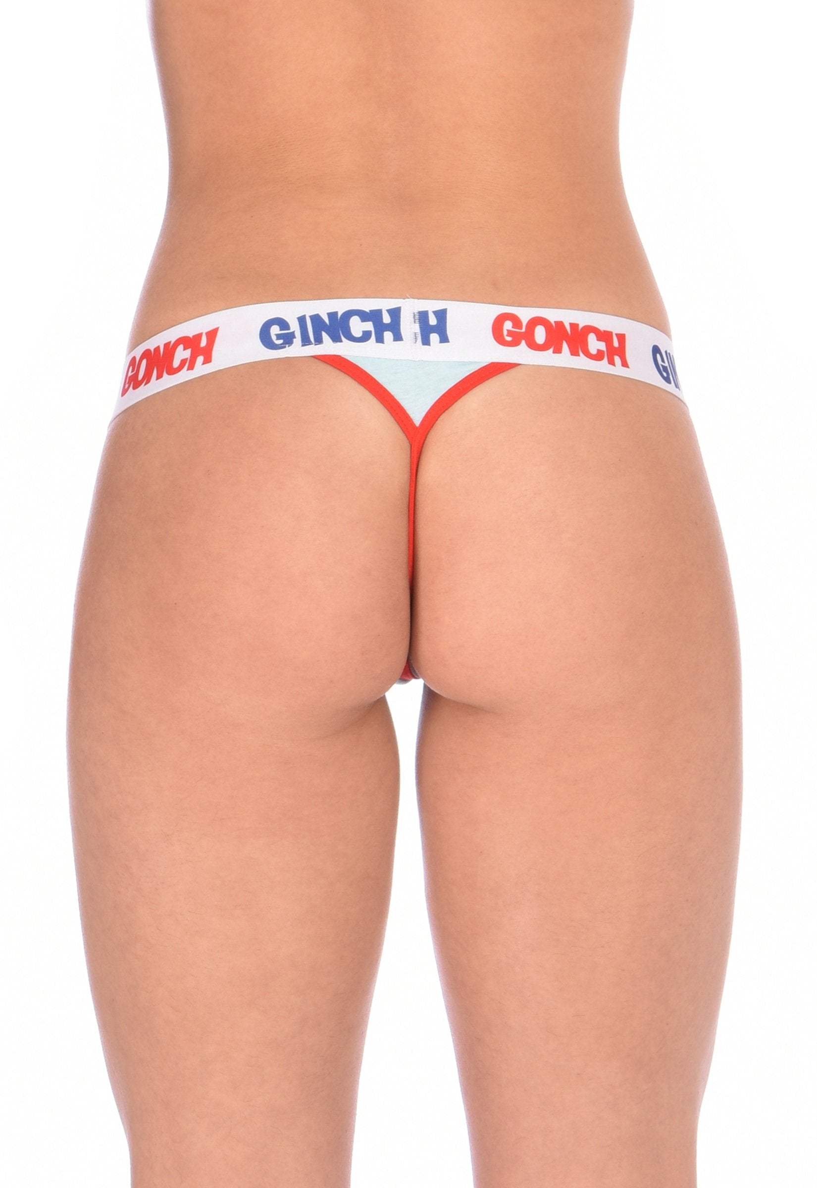 Rear detail view of Ginch Gonch thong I love Paris white multi fun printed stretch cotton panty worn by a model.
