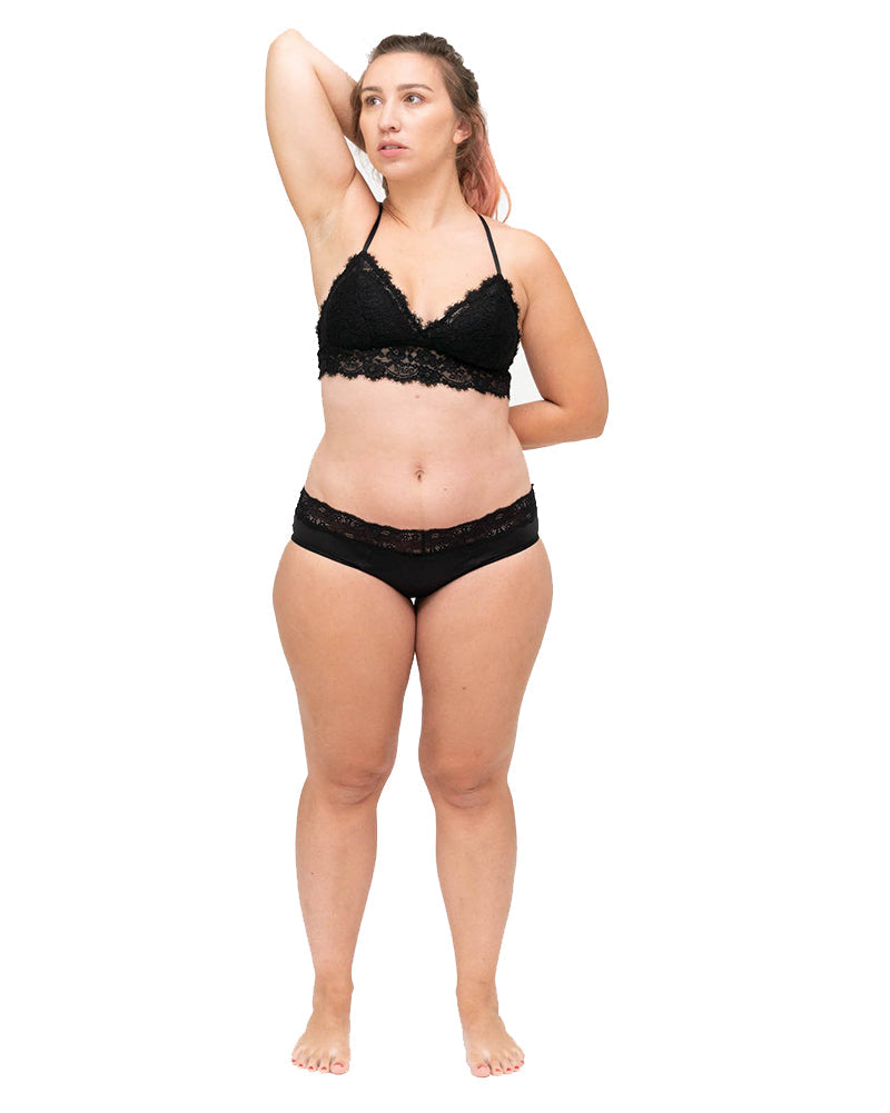 Dear Kate Ada Hipster Full lace trim leak-resistant period underwear in Black, front view on a white background.