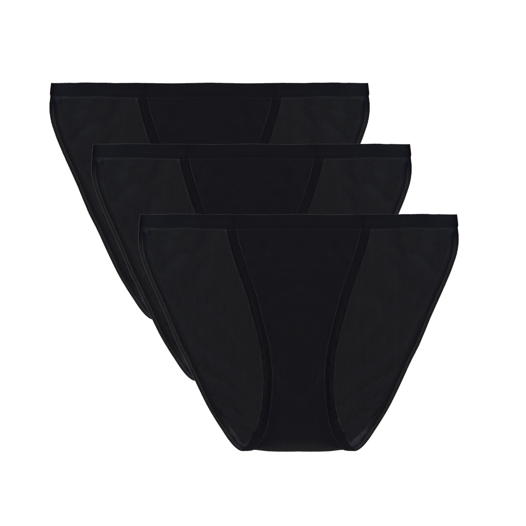 Spun Bamboo PantyBoo Women's Bikini Underwear 3-Pack in Black, flat lay on a white background.