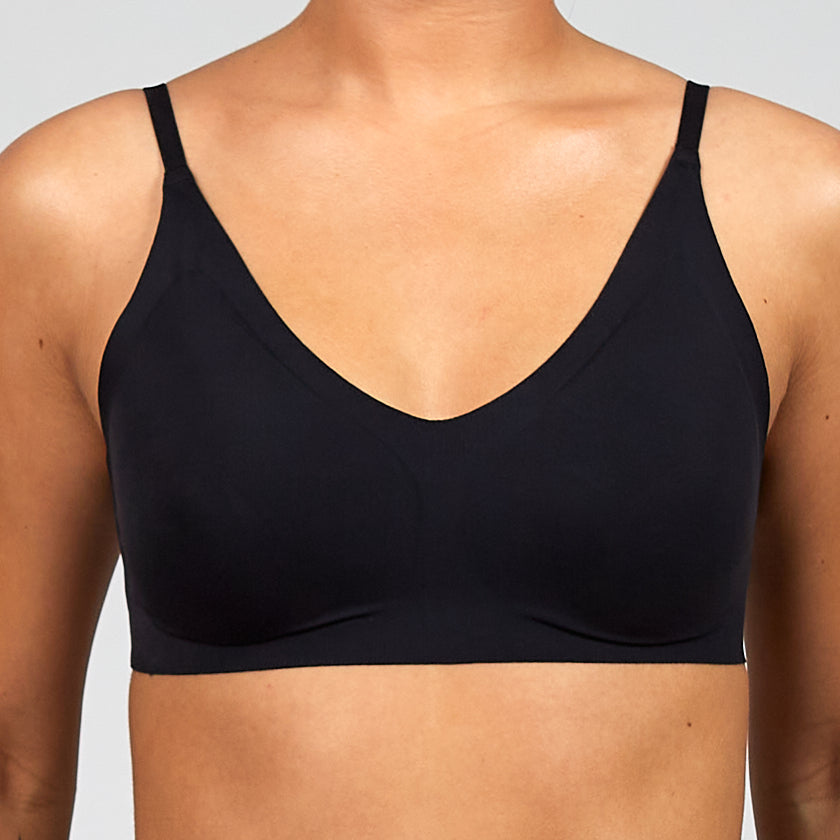 The Only Bra Only Adjustable Bra in Black, worn on model view on a white background.