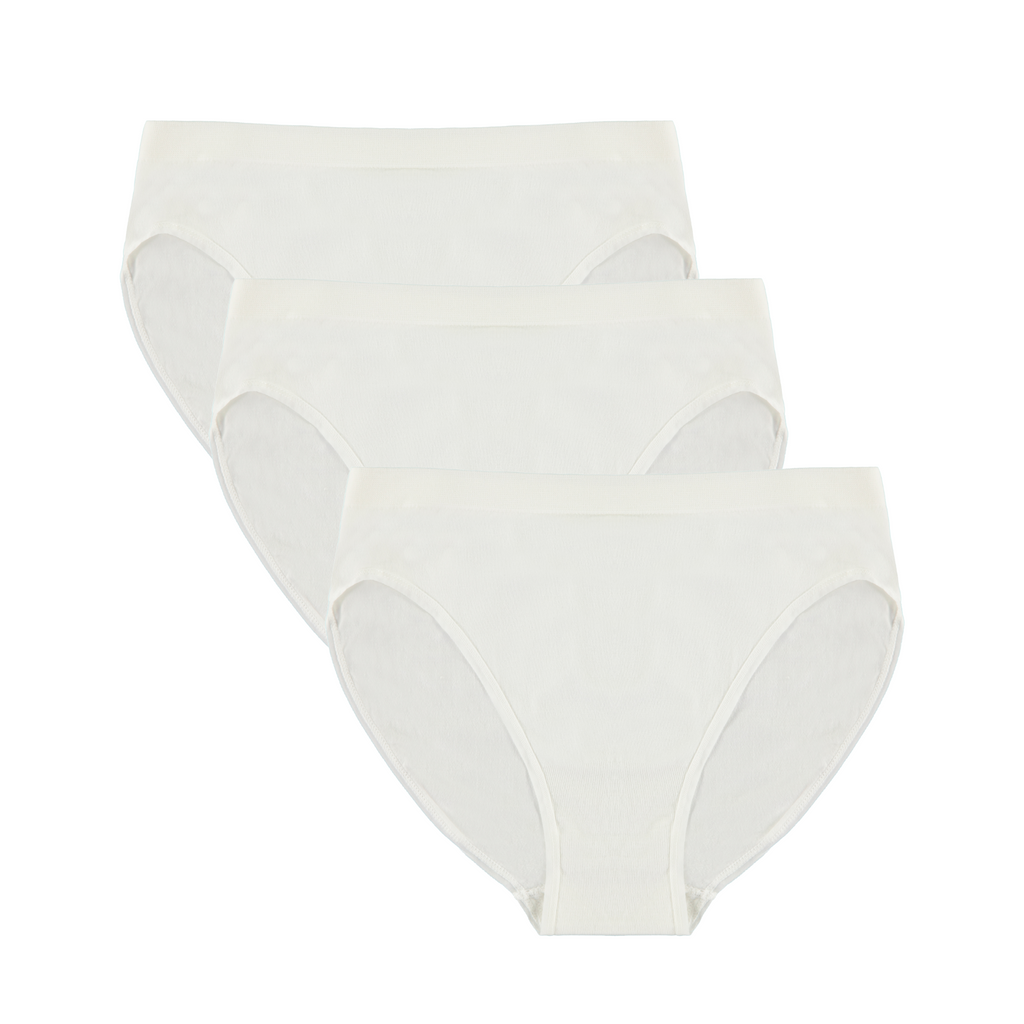 Spun Bamboo PantyBoo Women's High Leg Brief 3-Pack in Natural, flat lay on a white background.