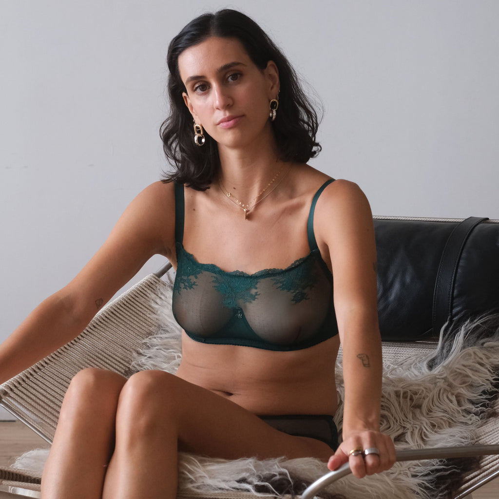 Amour d'Agnette Kim High Neck Sheer Lace Bra, worn on model, lifestyle back view on a white background.
