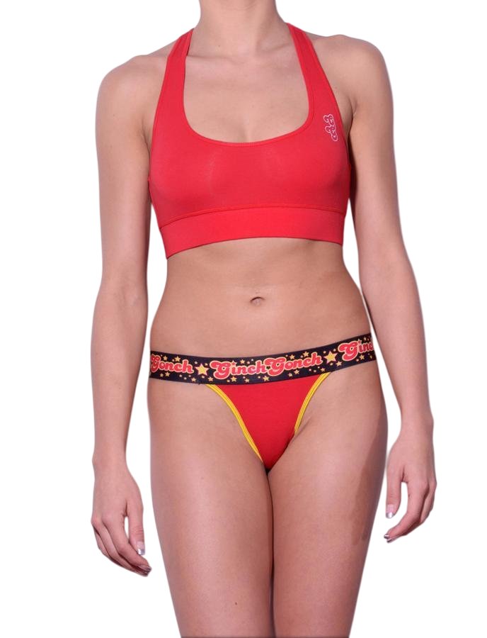 Ginch Gonch gogo thong red color stretchable cotton worn with a sports bra by a model with a white background.