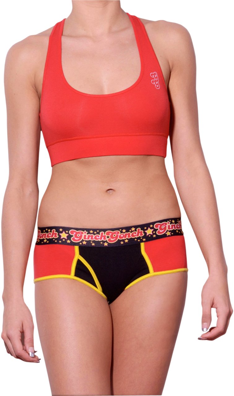 Ginch Gonch boyfriend brief red color stretchable cotton worn with a sports bra by a model with a white background.