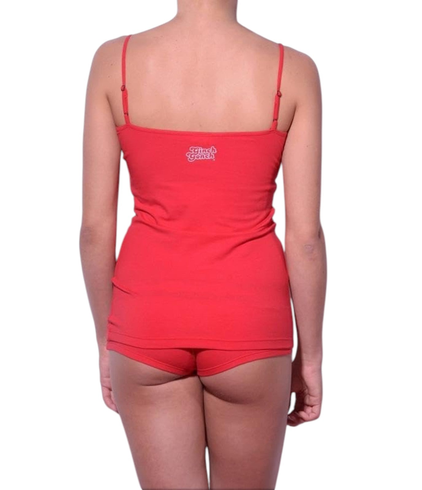 Full length rear view of a model wearing Ginch Gonch red atomic fireballs cami cotton stretch tank top with a white background.