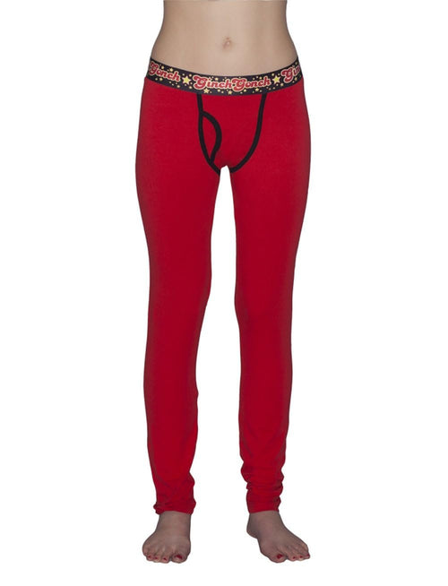 Ginch Gonch leggings long johns red color stretchable cotton worn with by a model with a white background.