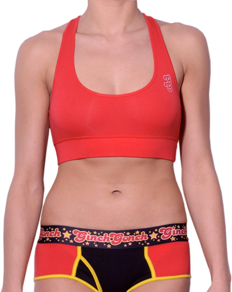 Ginch Gonch red color stretchable cotton racerback sports bra worn by a model with a white background.