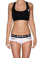 Ginch Gonch El Toro Gogo Briefs with a black sports bra, featuring a bull-rider print and a smooth anti-muffin-top waistband worn by a model.