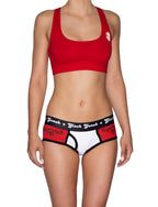 Ginch Gonch El Toro Women's Boyfriend Briefs in bull-rider print, 95% Cotton 5% Spandex stretch underwear with anti muffin-top waistband with a red sports bra worn by a model.