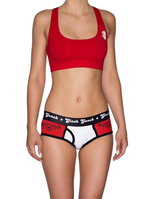 Ginch Gonch El Toro Women's Boyfriend Briefs in bull-rider print, 95% Cotton 5% Spandex stretch underwear with anti muffin-top waistband with a red sports bra worn by a model.