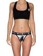 Ginch Gonch El Toro Women's Thong in bull-rider print, 95% Cotton 5% Spandex stretch underwear with a black sports bra worn by a model.