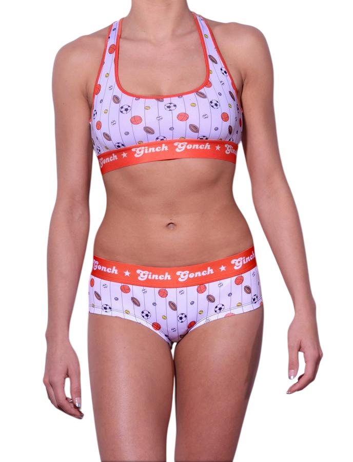 Ginch Gonch gogo brief white color with sporty print stretchable cotton underwear worn with a matching sports bra by a model with a white background.