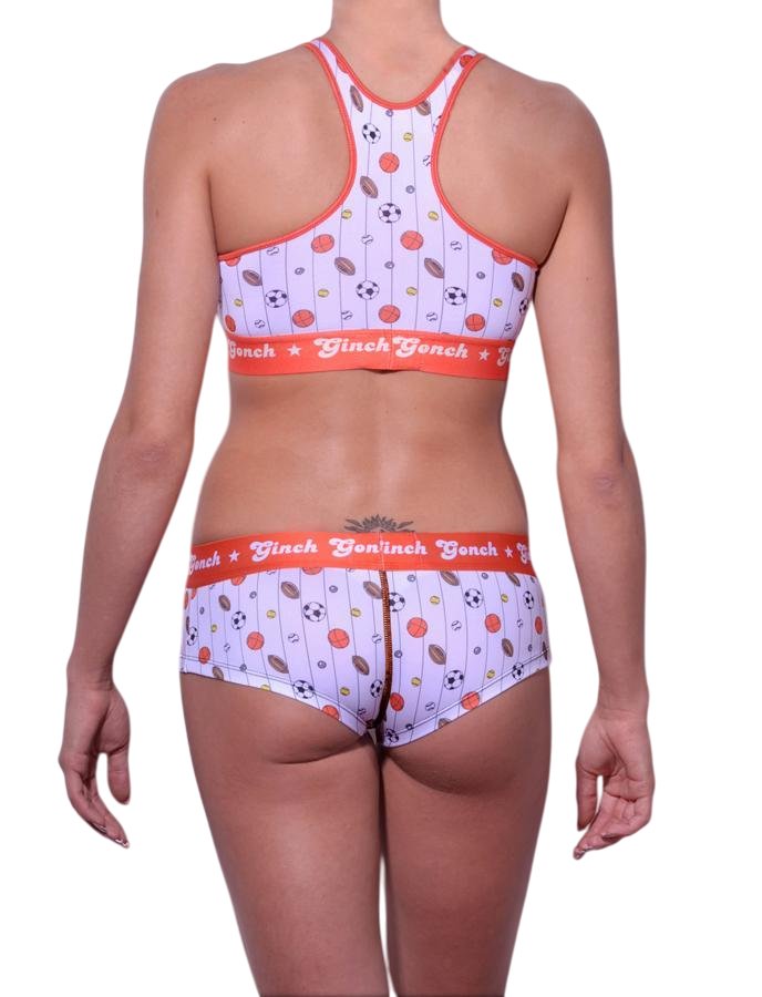 Full length rear view of a model wearing Ginch Gonch gogo brief white color with sporty print stretchable cotton underwear with a matching sports bra and a white background.
